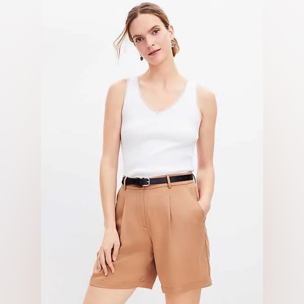 LOFT Tan High Waist Shorts with Pleats and Relaxed Fit